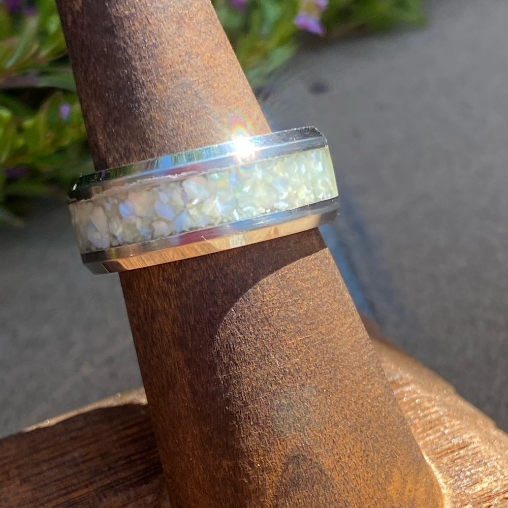 Tungsten and mother of pearl unisex ring